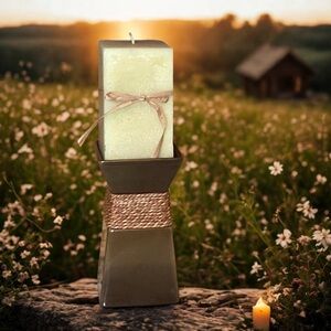 PARTYLITE RUSTIC SQUARE CERAMIC 7” CANDLE HOLDER WITH 2 FRENCH VANILLA CANDLES